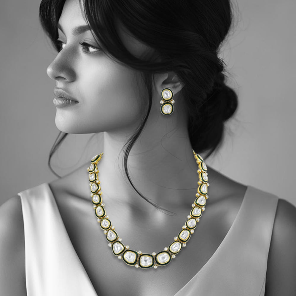 Polki Necklace Set with Green Enamel Border